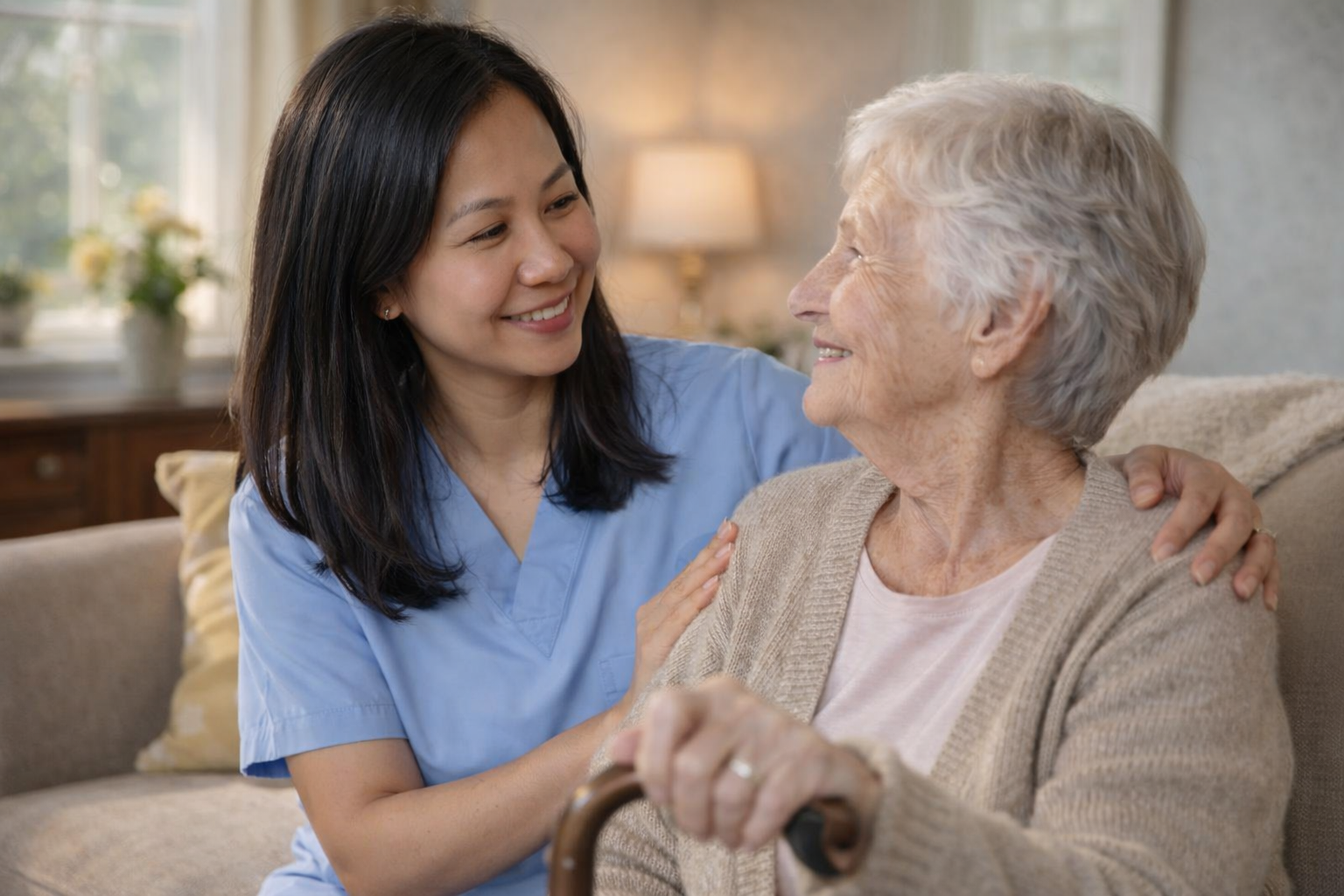 Caregiver helping an older adult at home
